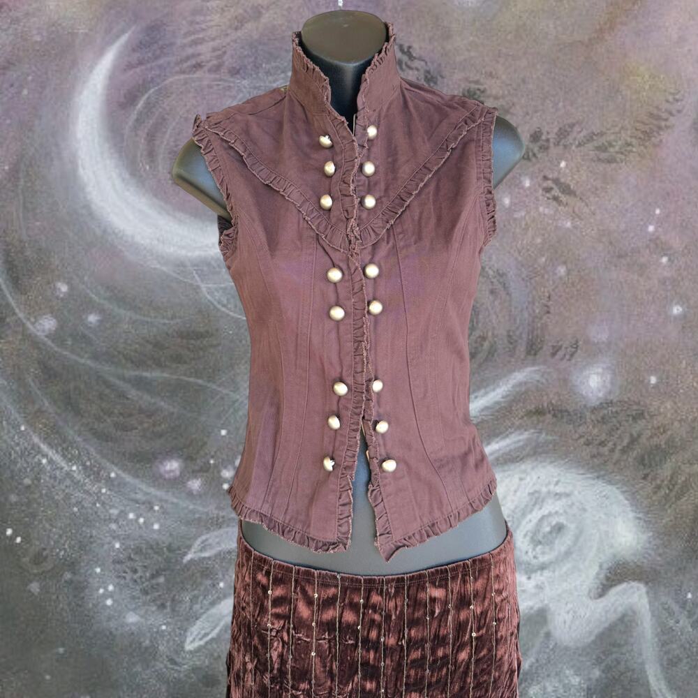 Y2K Deadstock Brown Military Corset Vest Pearl Button Victorian Goth Ruffle Top